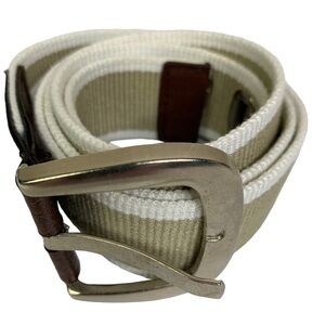 Women’s Beige w/ Thin Cream Border Canvas Belt.Brushed Nickel Buckle & Notches